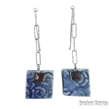 Cercei ceramica forma patrat, albastru deschis